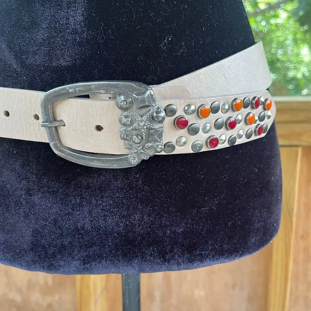 Velez Women's Cream Leather Beaded Western Style Belt Size M